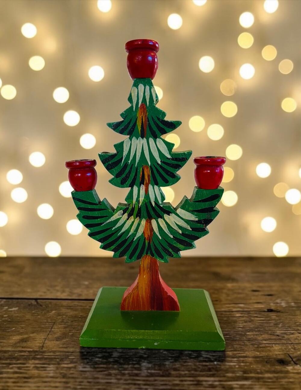 VINTAGE Scandinavian Painted Wooden Christmas Tree Xmas Candle Stick Holder